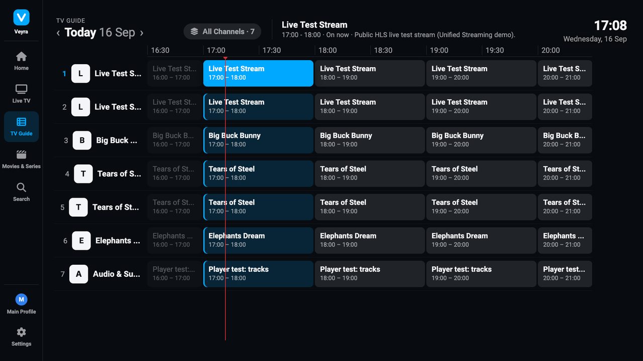 Veyra Player TV guide on a Samsung TV